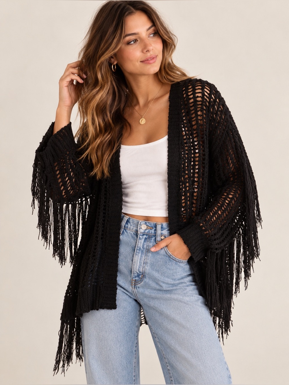 Peachโ Love California Black Open-Weave Fringe Cardigan